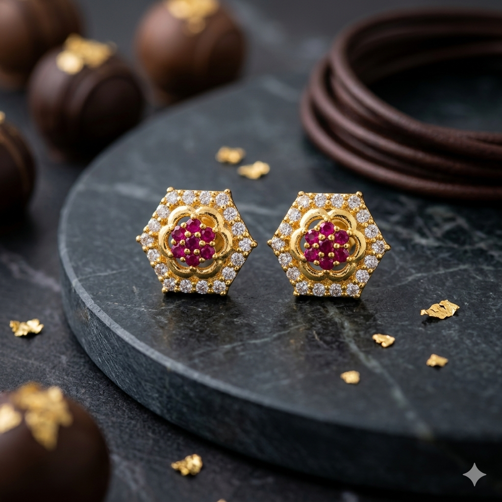 Octagan indian screw earrings with rose red embedded stones with white stones. Daily wear. Not 916 gold