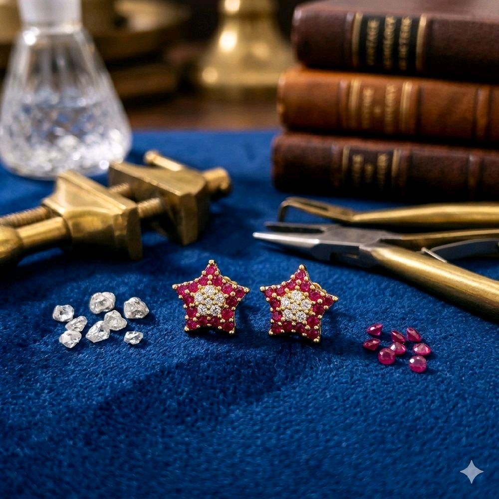 Small star cut ruby earrings. Not 916 gold. Indian screw type