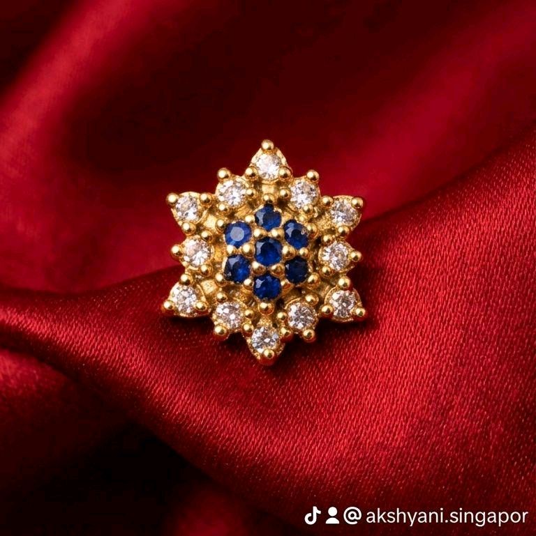Big flower white and blue nose pin. Indian screw type. Not 916 gold.