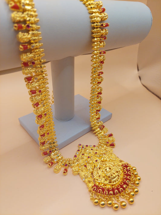 Code 609A 28 inches pavaalam ( coral ) and mahalakshimi with white abd red mossanite stones