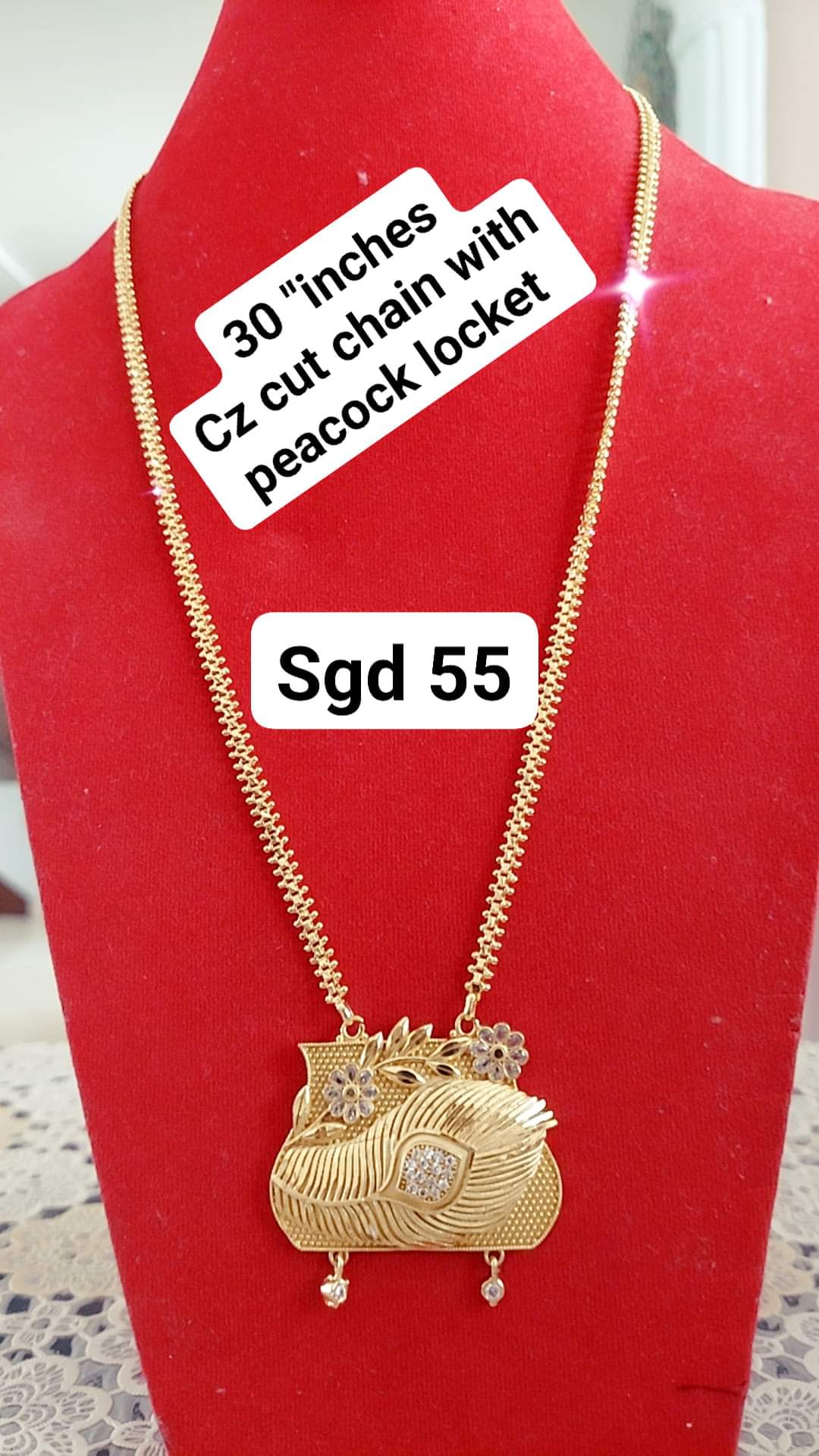 Peacock feather locket with 30 inches cz cut chain