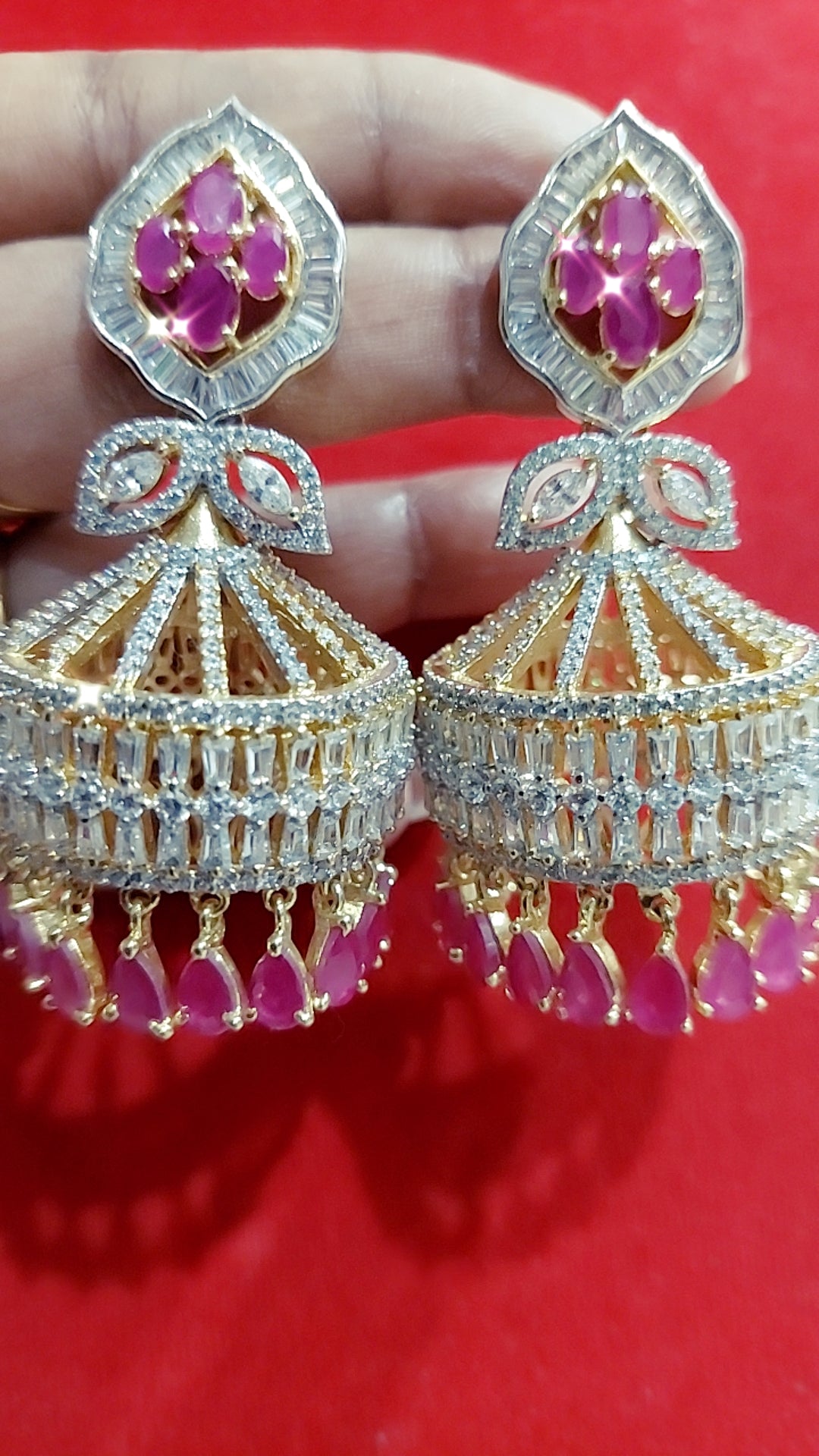 Ruby pink cubic zirconia diamonte earrings