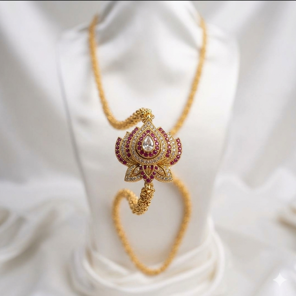 28 inches lotus white and maroon stones. Function wear type of jewellery.
