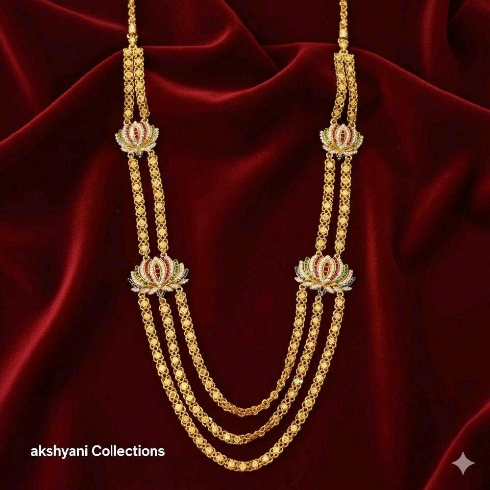 3 layer 29 inches multi colour lotus brooch chain. Not 916 gold. Function wear type of jewellery.