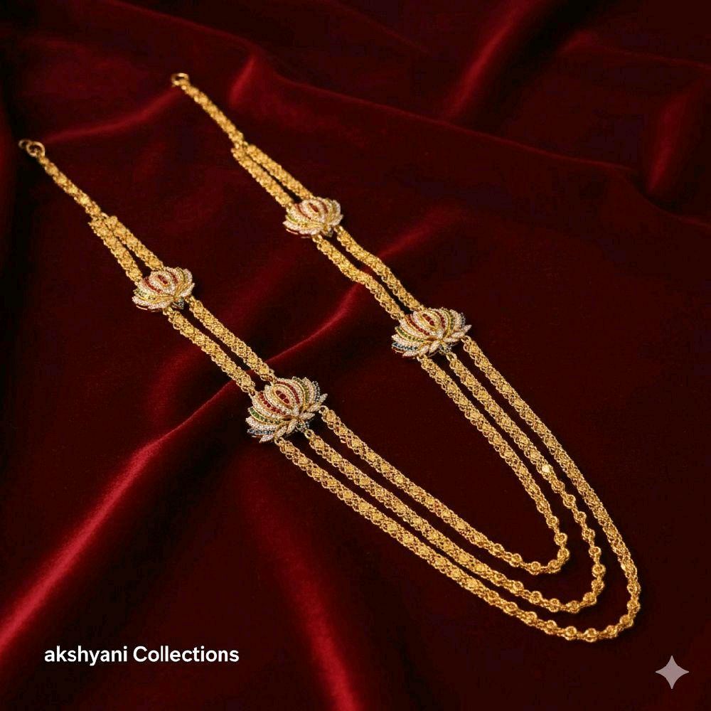 3 layer 29 inches multi colour lotus brooch chain. Not 916 gold. Function wear type of jewellery.